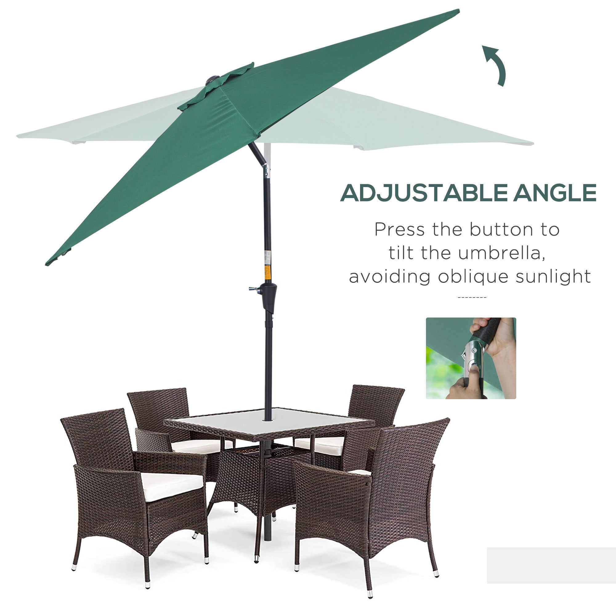 Outsunny 2.6M Garden Parasol Umbrella with Tilt and Crank, Outdoor Sun Parasol Sunshade Shelter with Aluminium Frame, Green 