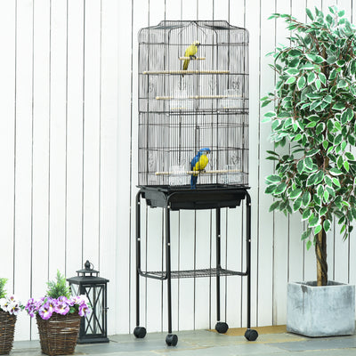 PawHut Bird Cage Budgie Cages for Finch Canary Parakeet with Stand Wheels Slide-out Tray Accessories Storage Shelf, Black 46.5 x 36 x 157 cm 