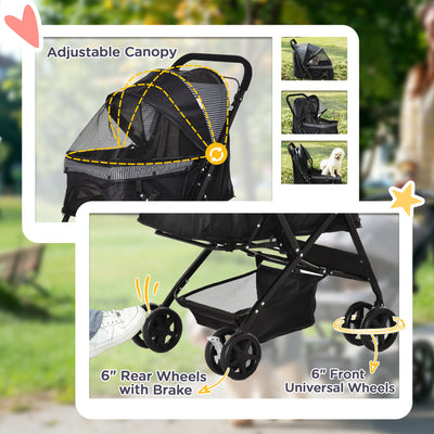PawHut Pet Stroller Pushchair Foldable Travel Dog Cat Carriage w/ Reversible Handle Brake Basket 