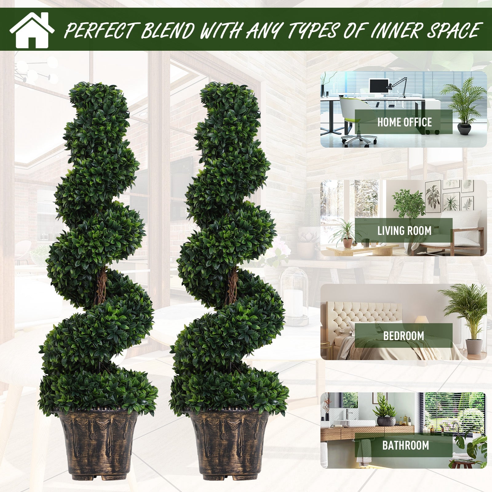 Outsunny Set of 2 Artificial Boxwood Spiral Topiary Trees Potted Decorative Plant Outdoor and Indoor Décor 120cm 