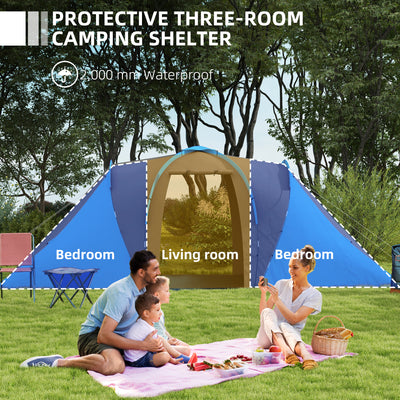 Outsunny Large Camping Tent Tunnel Tent with 2 Bedroom and Living Area, 2000mm Waterproof, Portable with Bag for 4-6 Man, Blue 