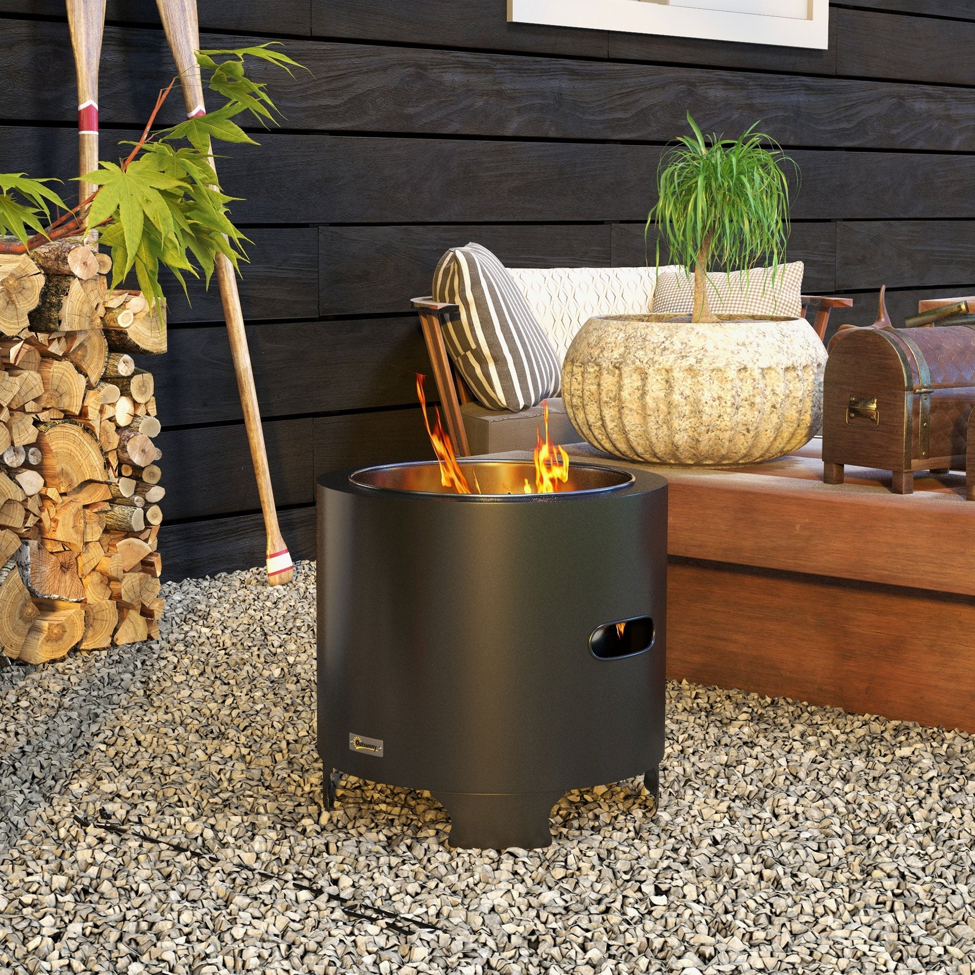 Outsunny Smokeless Fire Pit, 45cm Portable Wood Burning Firepit, Round Metal Bonfire Stove with Poker for Garden, Camping, Black 