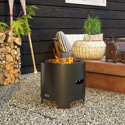 Outsunny Smokeless Fire Pit, 45cm Portable Wood Burning Firepit, Round Metal Bonfire Stove with Poker for Garden, Camping, Black 