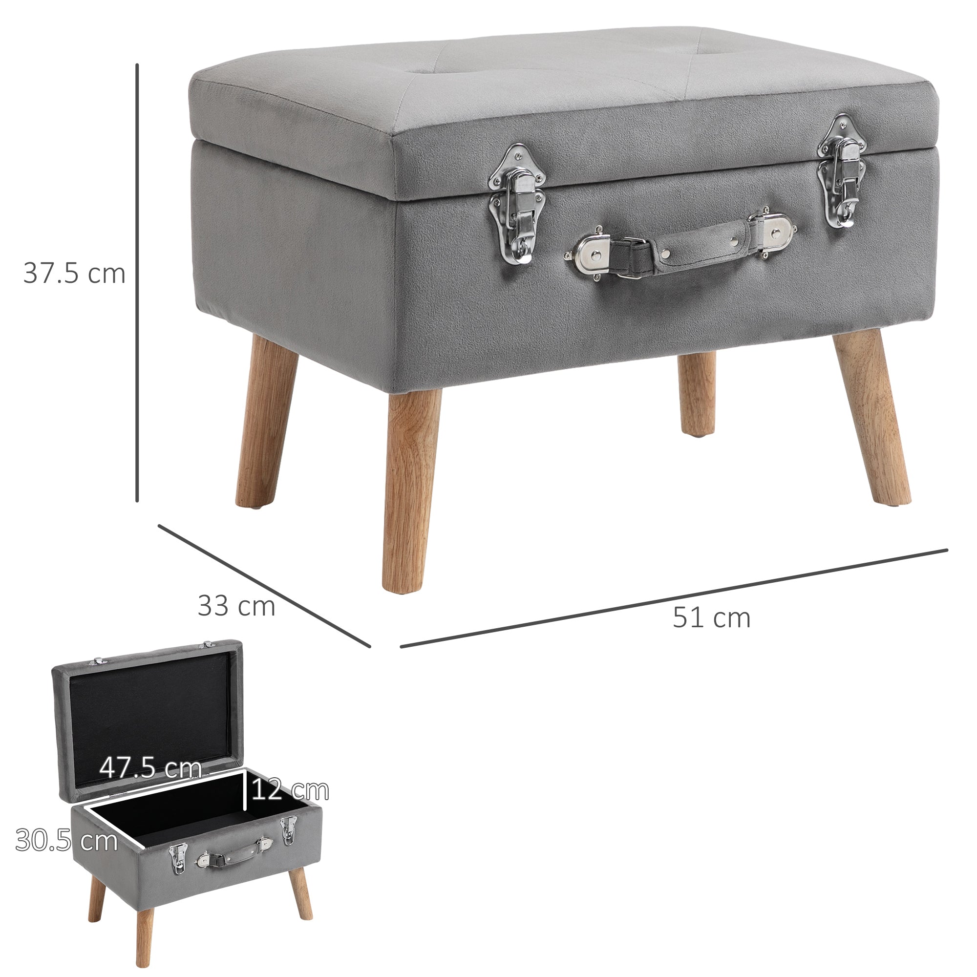 HOMCOM Elegant Velvet Footstool Pouffe Storage Trunk Stool Wood Legs Foot Pads Home Bedroom Hallyway Unique Storage Grey 
