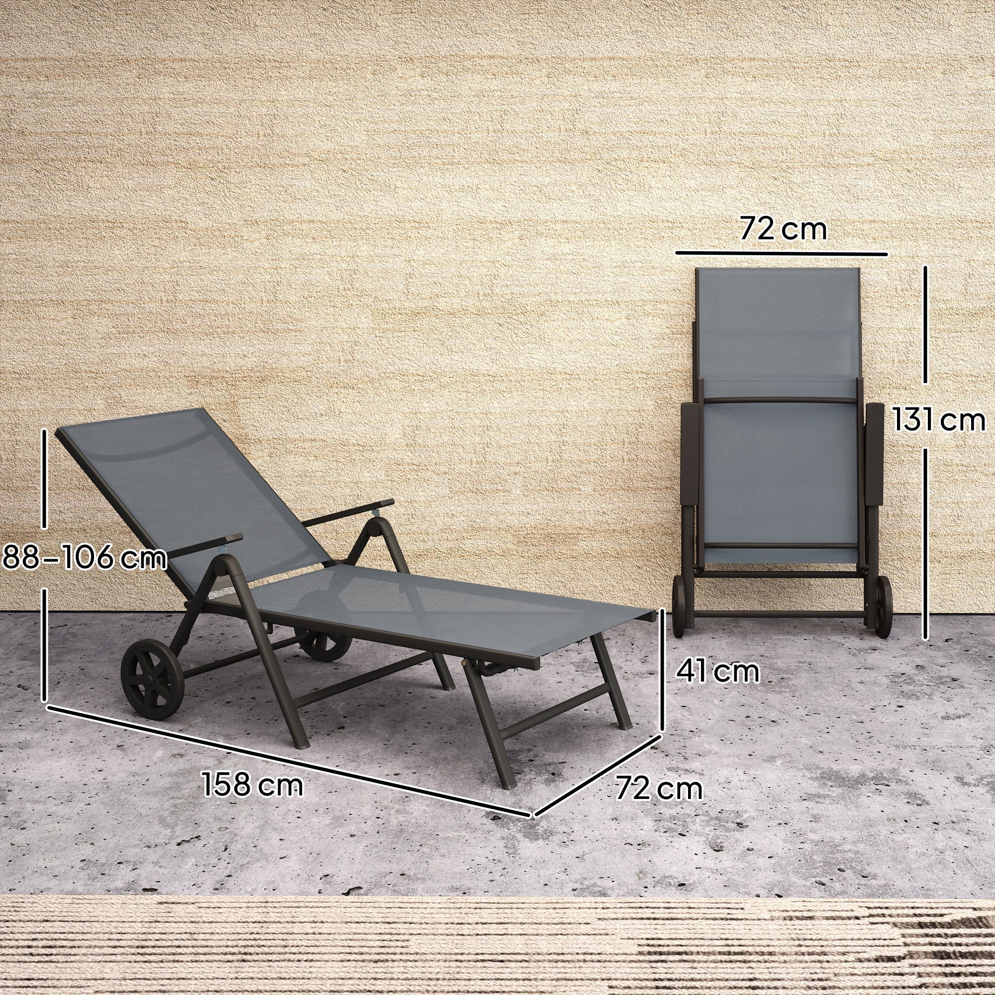 Outsunny Folding Sun Lounger with Wheels, 5-Position Adjustable Garden Chaise Lounge Sunbed with Armrests, Metal Frame Outdoor Portable Reclining Chair for Beach, Porch, Grey 