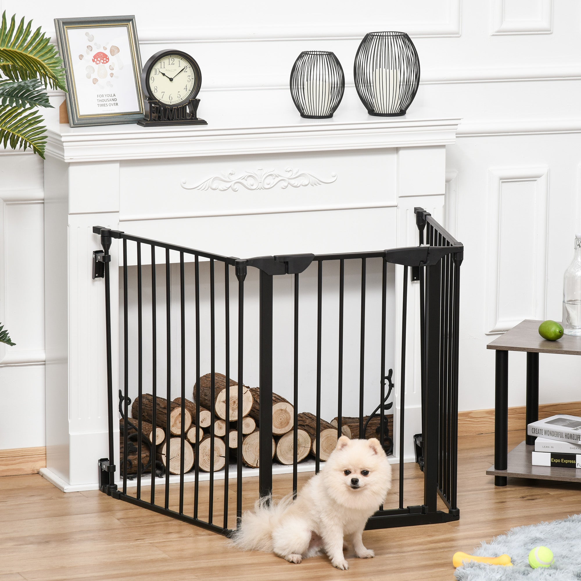 PawHut Pet Safety Gate, 3 Panels Playpen Fireplace, Metal Fence, Stair Barrier, Room Divider w/ Walk-Through Door - Black 