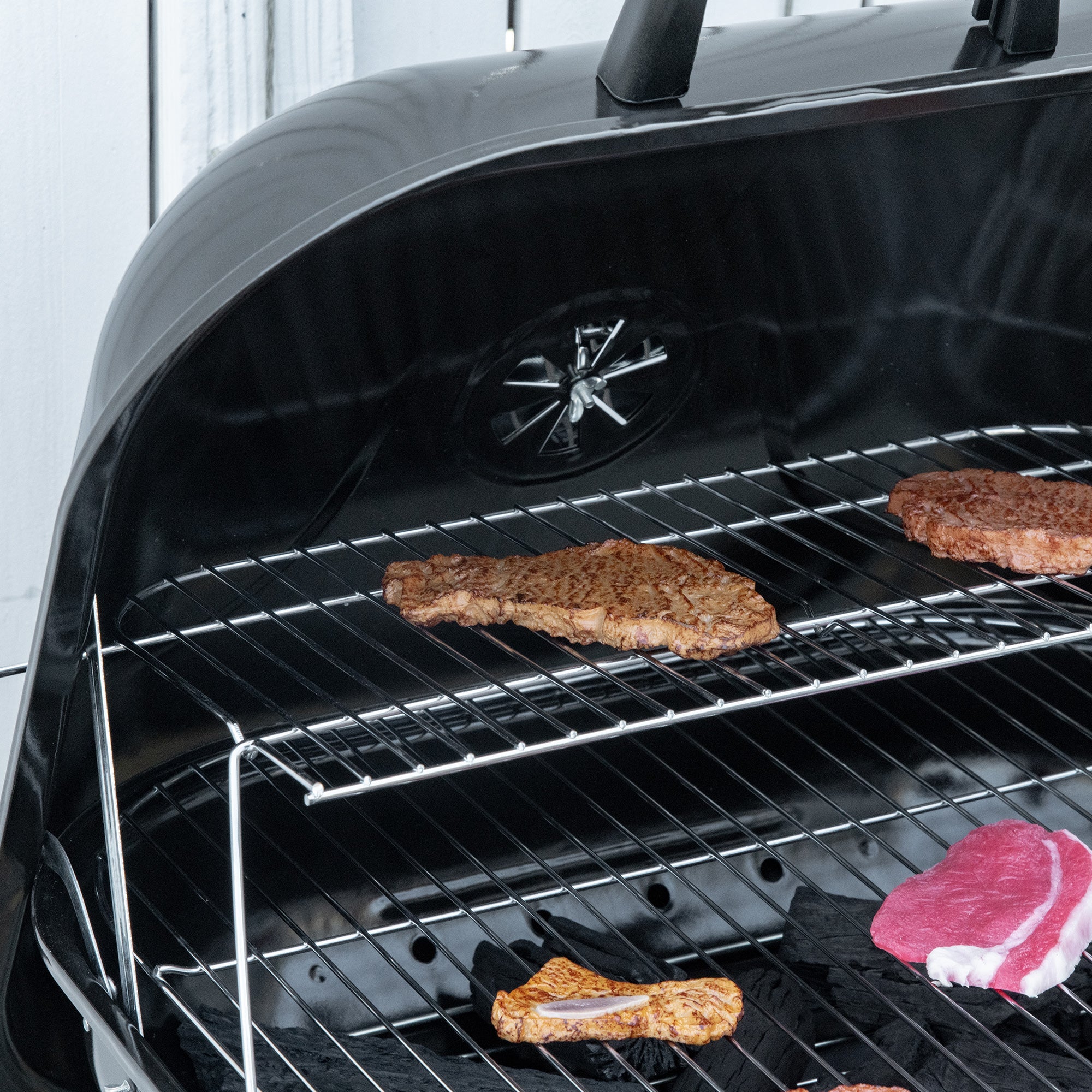 Outsunny Portable BBQ Charcoal Grill with 2 Wheels and Cooking Utensils, Smoker Grill with Lid for Outdoor Barbecues, Camping, Picnic, Courtyard 