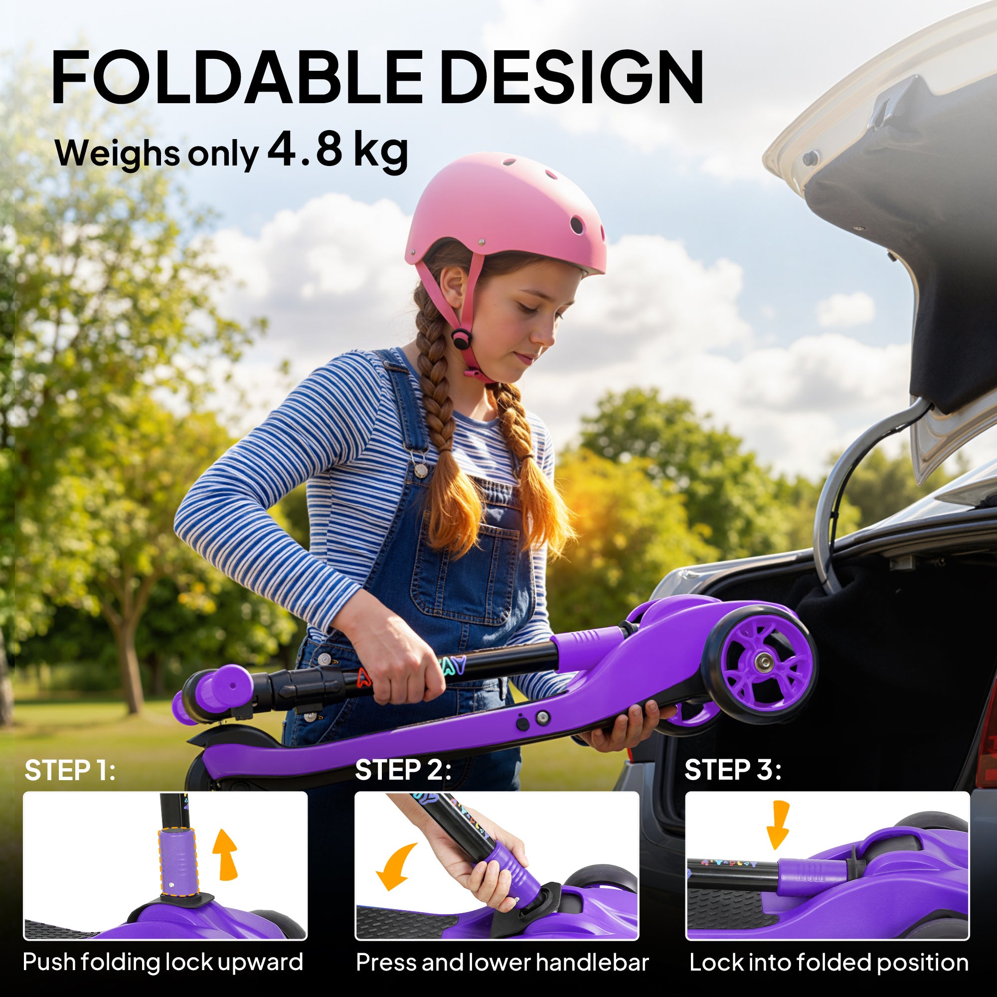 AIYAPLAY Three-Wheel Foldable Electric Scooter for Kids Aged 6-10 Years, Purple 