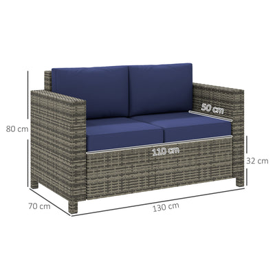 Outsunny 2 Seater Garden Furniture, Rattan Sofa with Soft Padded Cushion and Armrests, Wicker Garden Loveseat for Patio, Navy Blue 