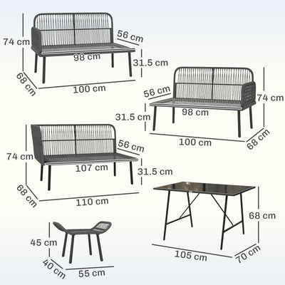 Outsunny 6 Piece Rattan Garden Furniture Set, 8 Seater Garden Corner Sofa with Cushions and Glass Top Table, Orange 