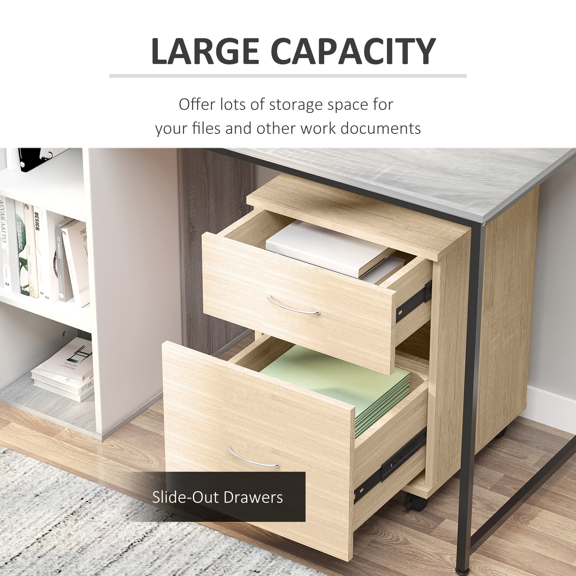 HOMCOM Two Drawer Filing Cabinet with Wheels- Oak 