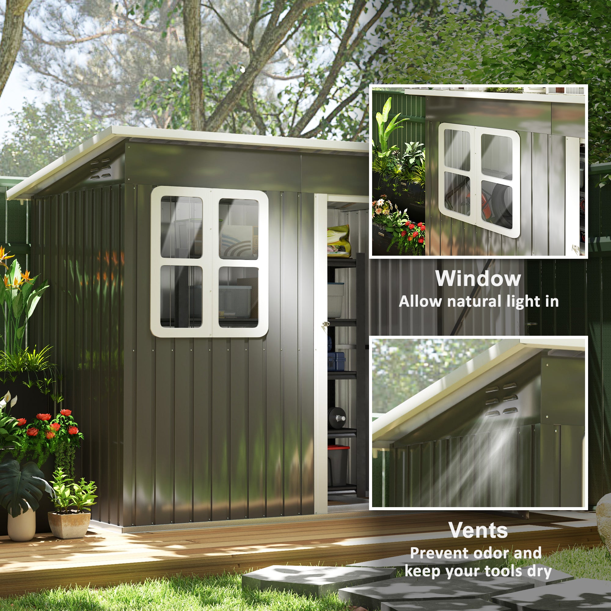 Outsunny 7 x 4ft Galvanised Steel Garden Shed, with Lock and Gloves - Grey