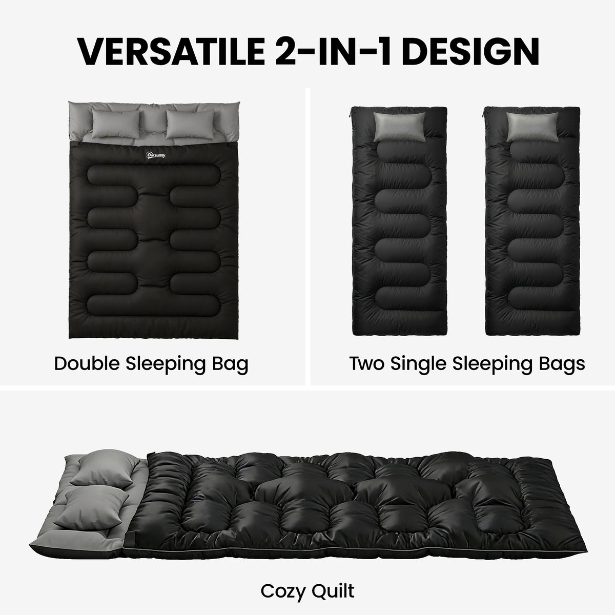 Outsunny Double Sleeping Bag with 2 Pillows, 220 x 160 cm Extra-Large Sleeping Bag for Adults, Black 