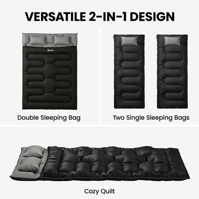 Outsunny Double Sleeping Bag with 2 Pillows, 220 x 160 cm Extra-Large Sleeping Bag for Adults, Black 