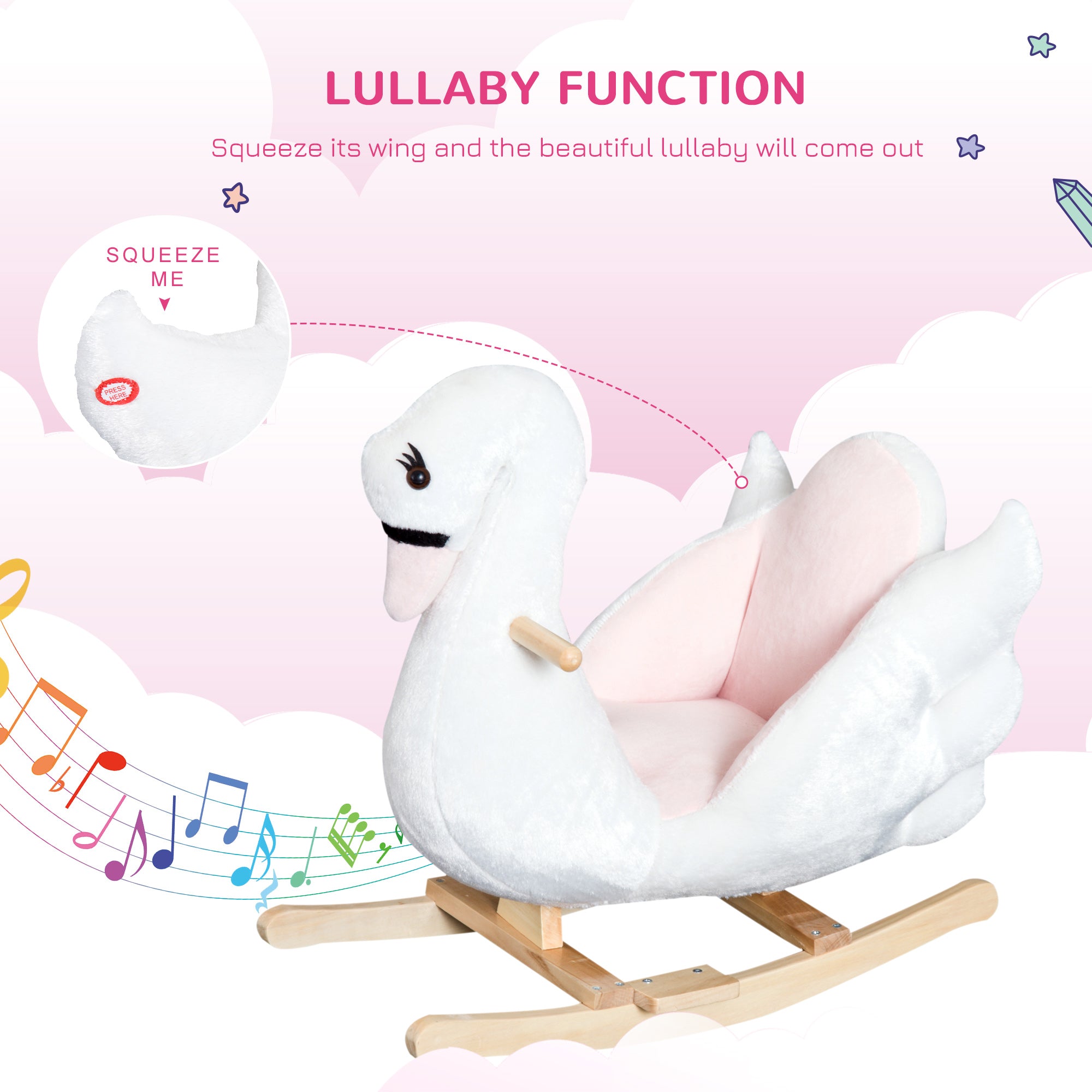 HOMCOM Kids Rocking Horse Plush Ride On Swan Toy w/ Safety Seat for Toddler 18 Months +, White and Pink 