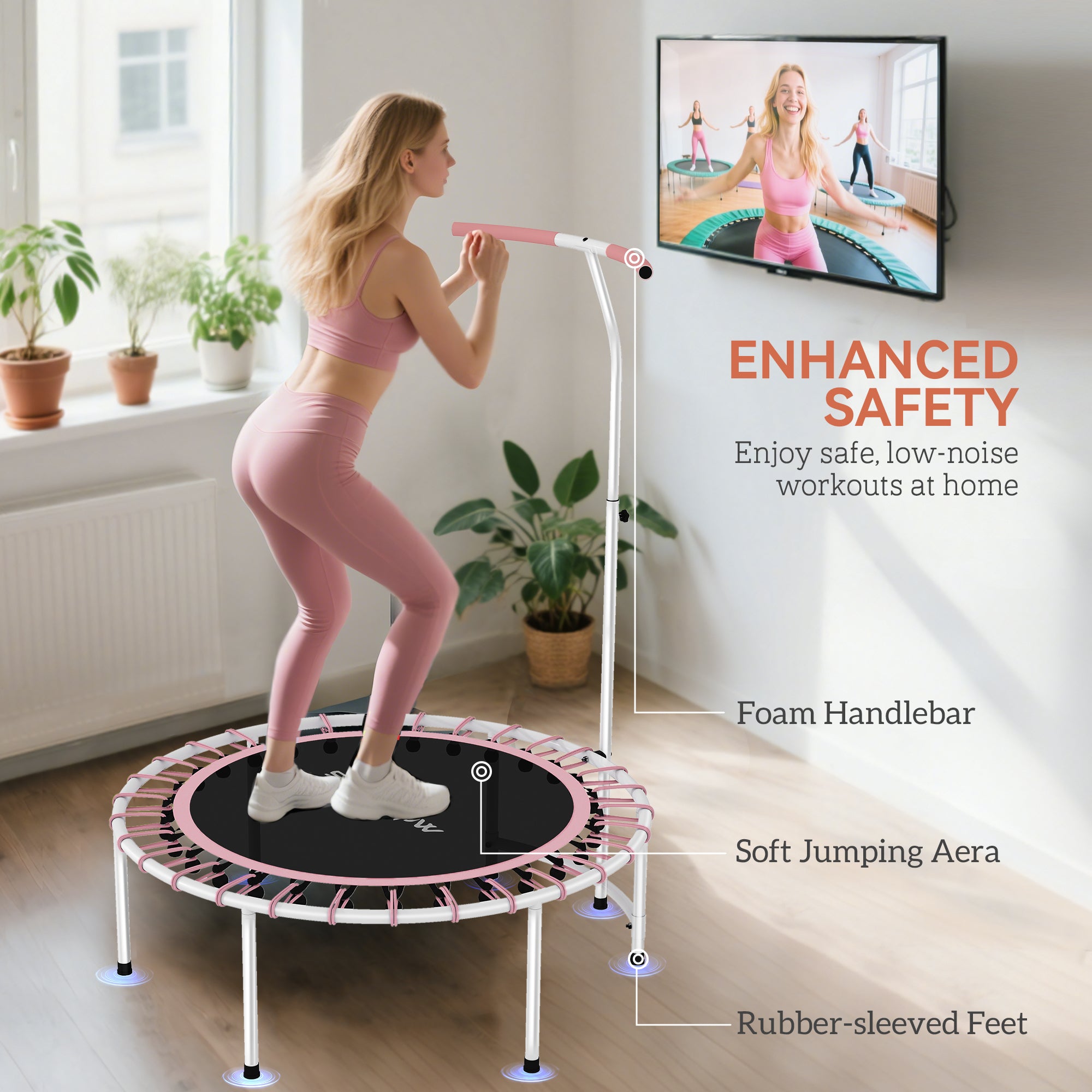 SPORTNOW 40" Fitness Trampoline, Mini Rebounder Trampoline for Adults with 5-Level Adjustable Handle, Indoor Exercise Bungee Rebounder, Max Load 100KG, Pink