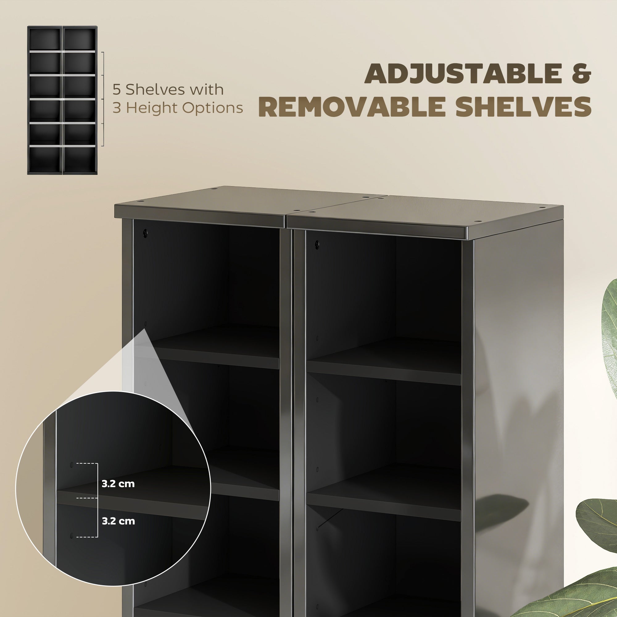 HOMCOM Set of 2 CD Media Display Shelf Unit Tower Rack with Adjustable Shelves, High Gloss Black 