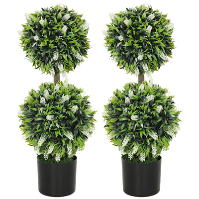 HOMCOM Set of 2 Decorative Artificial Plants Ball Trees with Lavender Flowers in Pot Fake Plants for Home Indoor Outdoor Decor, 70cm, White 