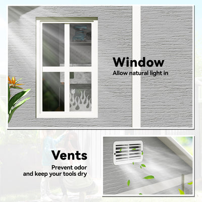 Outsunny 6 x 6ft Garden Shed with Floor, Window, Lockable Doors and Vents, Wood Effect Resin Tool Shed for Outdoor Patio, Grey 