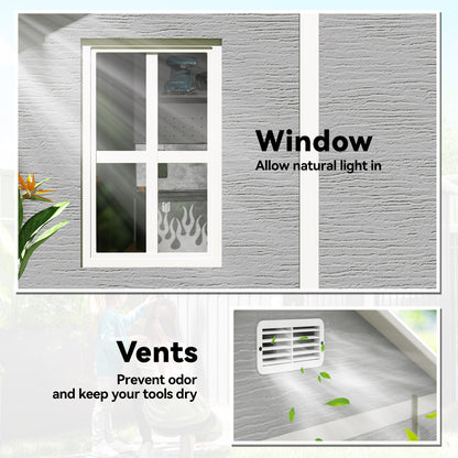 Outsunny 6 x 6ft Garden Shed with Floor, Window, Lockable Doors and Vents, Wood Effect Resin Tool Shed for Outdoor Patio, Grey