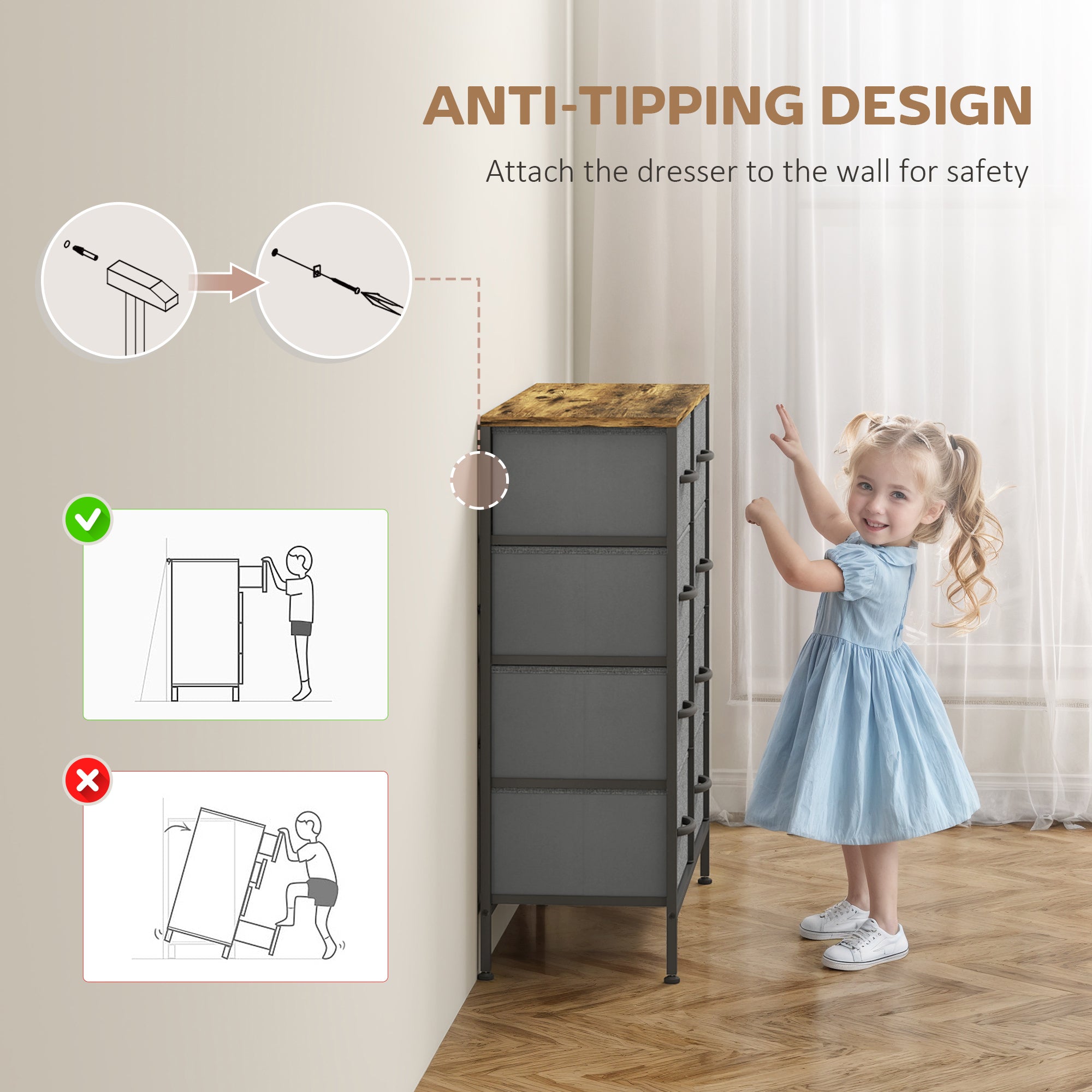 HOMCOM Fabric Chest of Drawers, Industrial Bedroom Dresser with 8 Fabric Drawers, Steel Frame and Wooden Top for Nursery, Living Room, Hallway, Rustic Brown and Grey