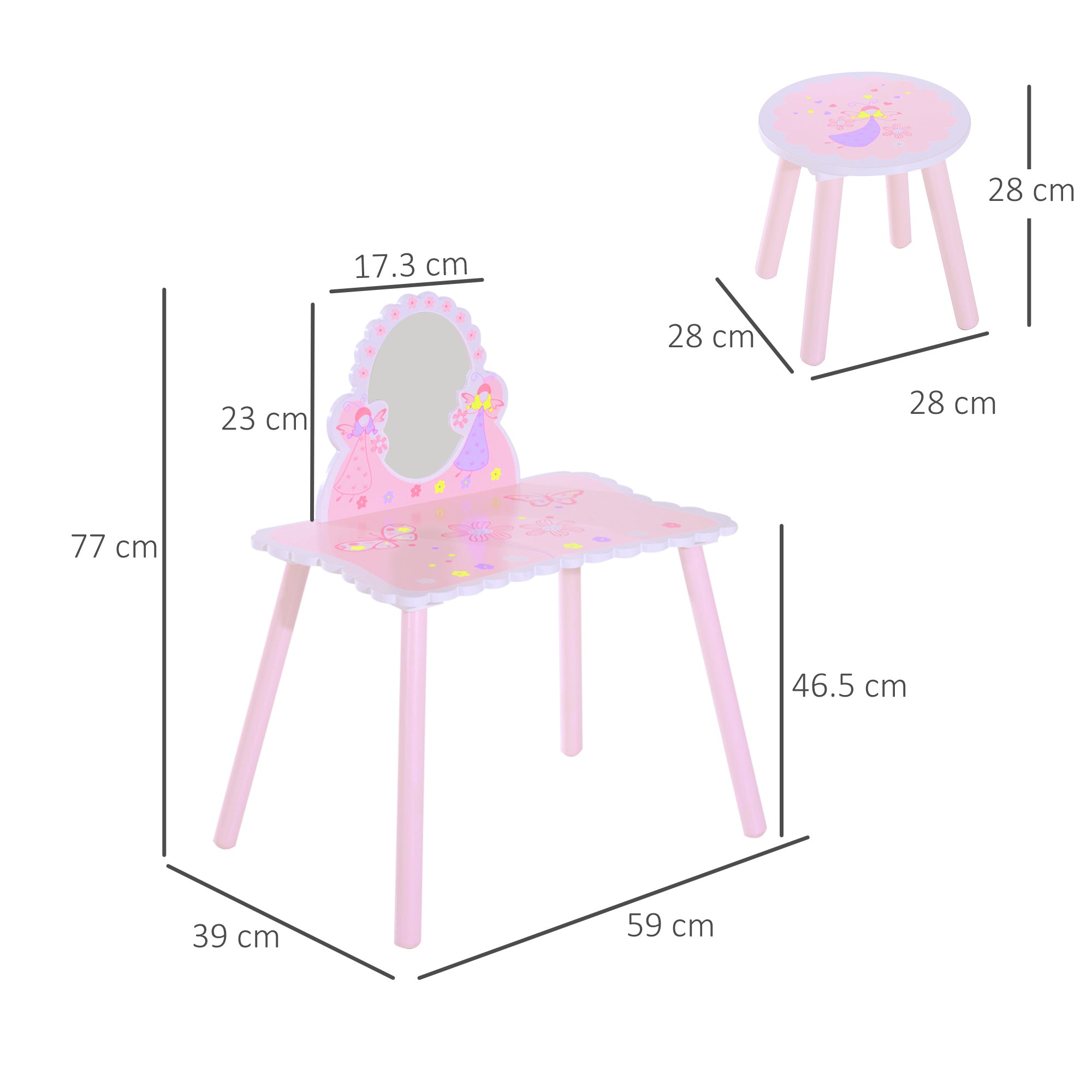 HOMCOM Kids Dressing Table Girls Pink Wooden Kids Dressing Table & Stool Make Up Desk Chair Toys Fairy Dresser Play Set w/Mirror 