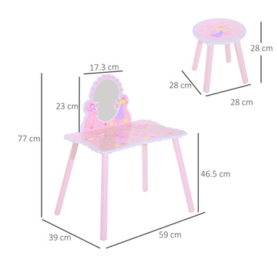 HOMCOM Kids Dressing Table Girls Pink Wooden Kids Dressing Table & Stool Make Up Desk Chair Toys Fairy Dresser Play Set w/Mirror 