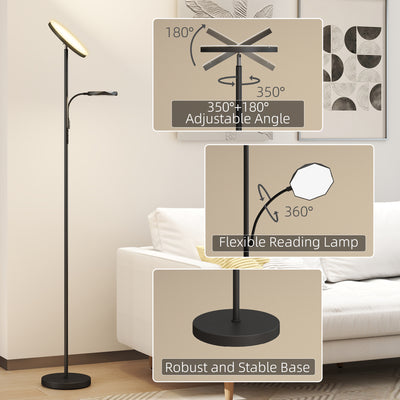 HOMCOM LED Floor Lamp for Living Room, Stepless Dimmable Standing Lamp, Mother and Child Uplighter with Reading Light, 4 Scene Modes, 2700K-6500K Colour Temps, 4 Brightness Levels, Remote Control 