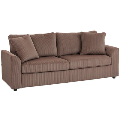 HOMCOM Modern 3 Seater Sofa with Spring Cushion, 212 cm Fabric Jumbo Cord Sofa Couch with 2 Scatter Cushions, Upholstered Corduroy Settee for Living Room, Bedroom, Home Office, Coffee 