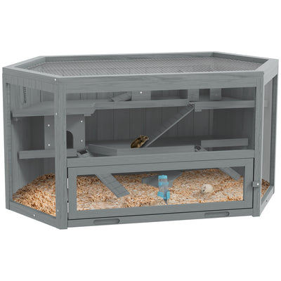 PawHut 3 Tier Wooden Large Hamster Cage with Sliding Tray, Seesaws, Water Bottle, Grey 