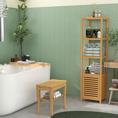 HOMCOM 45cm 2-Tier Slatted Shower Bench Storage Seat w/ 4 Legs Comfortable Safe Bathroom Stool Spa Bath Organiser 