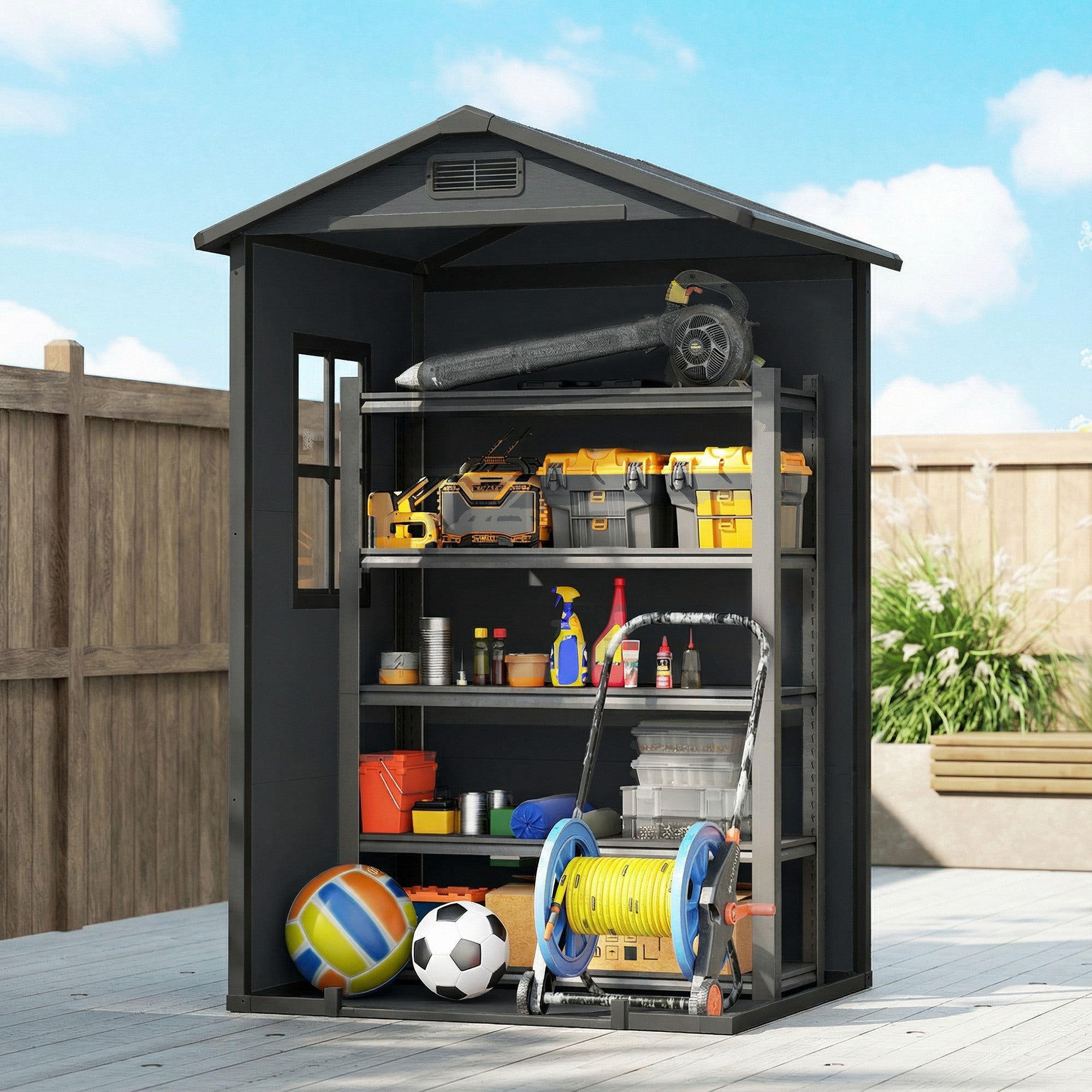 Outsunny 4 x 3 ft Plastic Garden Shed with Floor, Outdoor Storage Shed with Lockable Door, Window and Vent, Dark Grey 