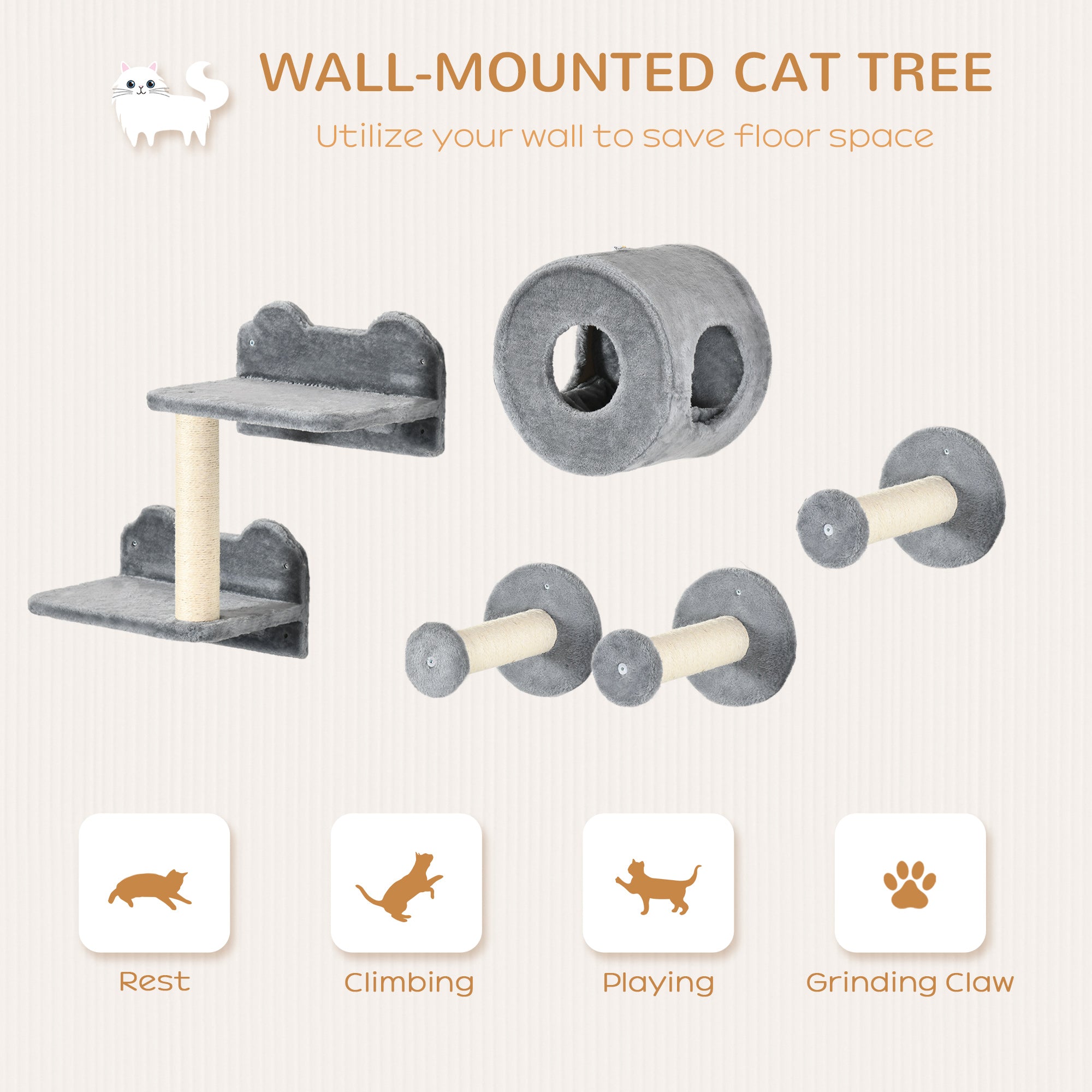 PawHut 5PCs Cat Wall Furniture with Perch, Cat House, Scratching Post 