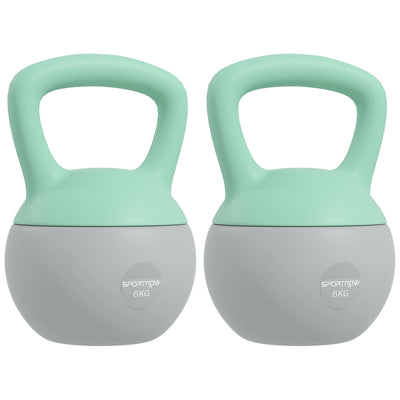 SPORTNOW 2 x 6kg Soft Kettlebell, Kettle Bell with Non-Slip Handle, for Home Gym, Strength Training, Cardio - Grey and Green 