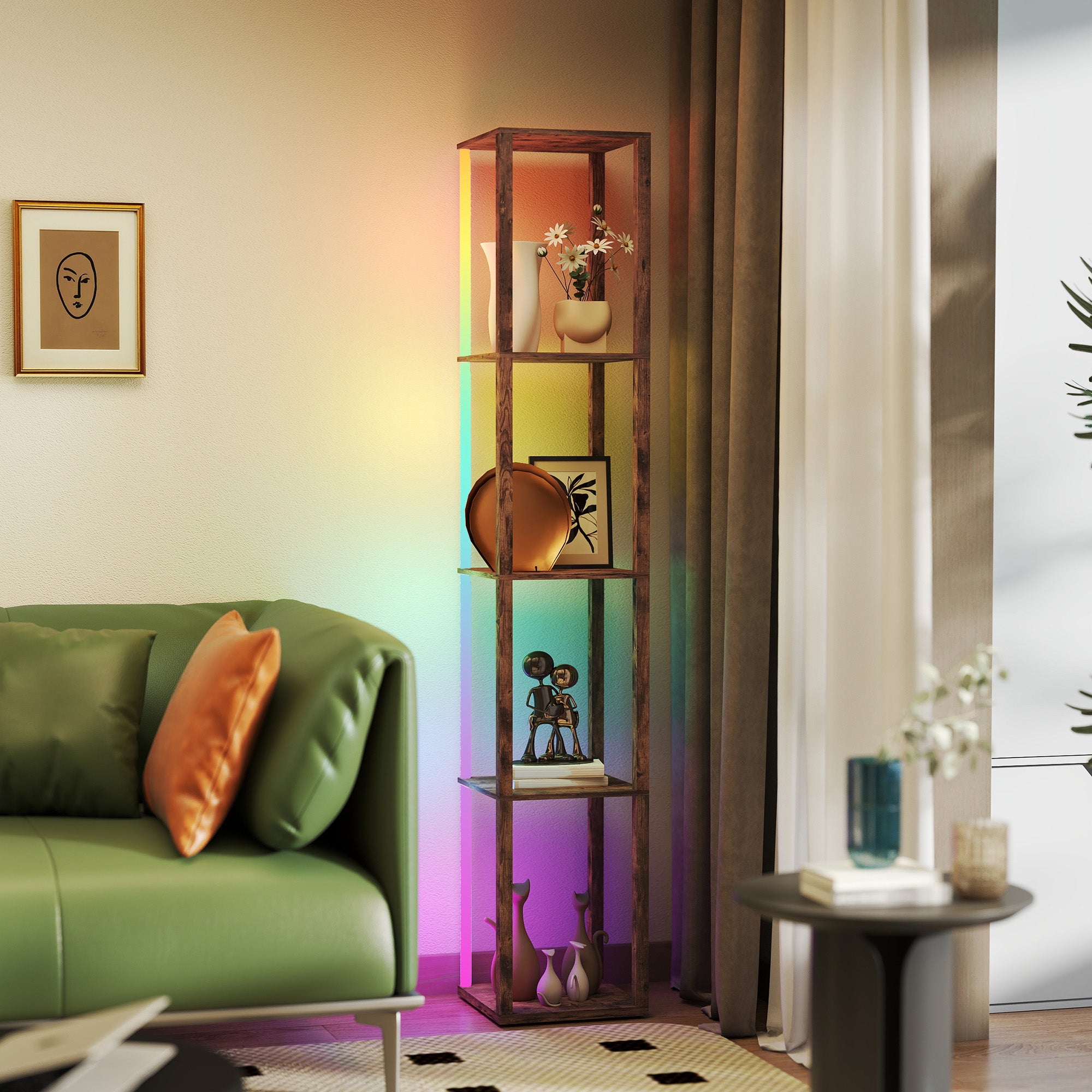 HOMCOM RGB LED Floor Lamp with Shelves, Modern Dimmable Standing Lamp with Remote Control, Adjustable Brightness & Speed for Living Room, Bedroom, Office, Rustic Brown