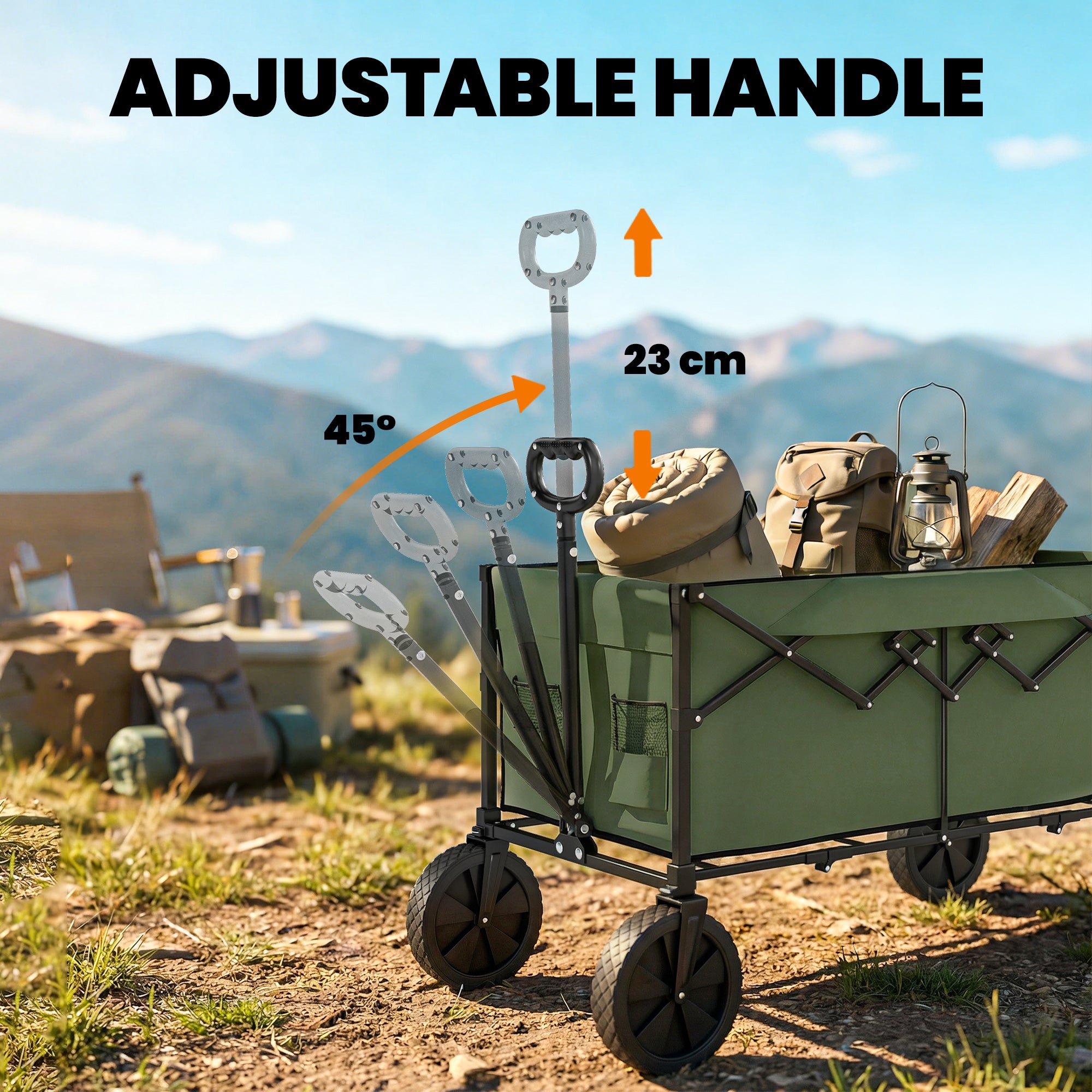 Outsunny 95L Foldable Festival Trolley on Wheels, Collapsible Wagon Cart with Adjustable Handle and 2 Cup Holders, Dark Green 