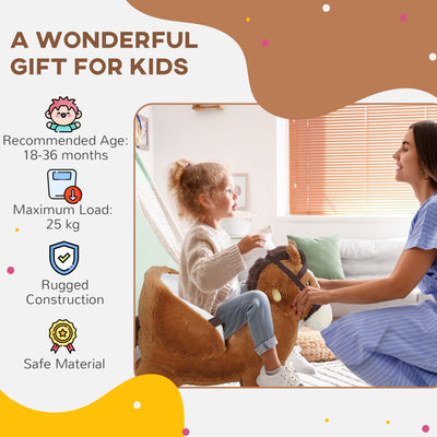 AIYAPLAY Kids Rocking Horse, Plush Ride on Horse, with Sound, Wood Base, for Ages 18-36 Months, Brown 