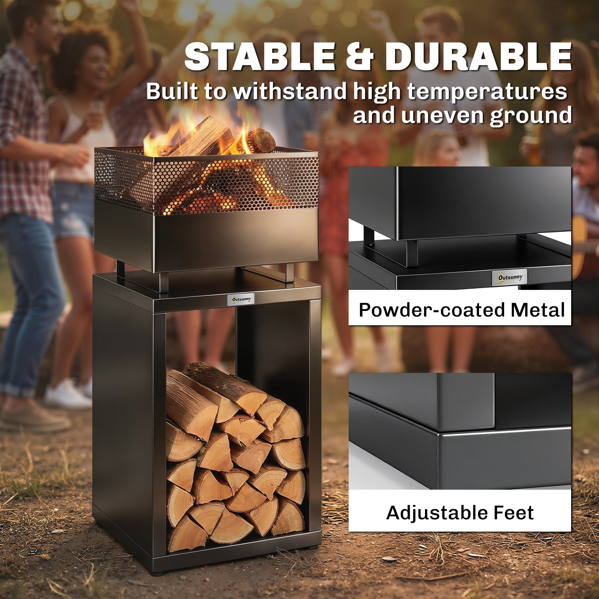 Outsunny Outdoor Fire Pit with Wood Storage Wood Burning Firepit with Mesh Sides 87 cm Black 