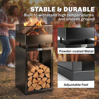 Outsunny Outdoor Fire Pit with Wood Storage Wood Burning Firepit with Mesh Sides 87 cm Black 