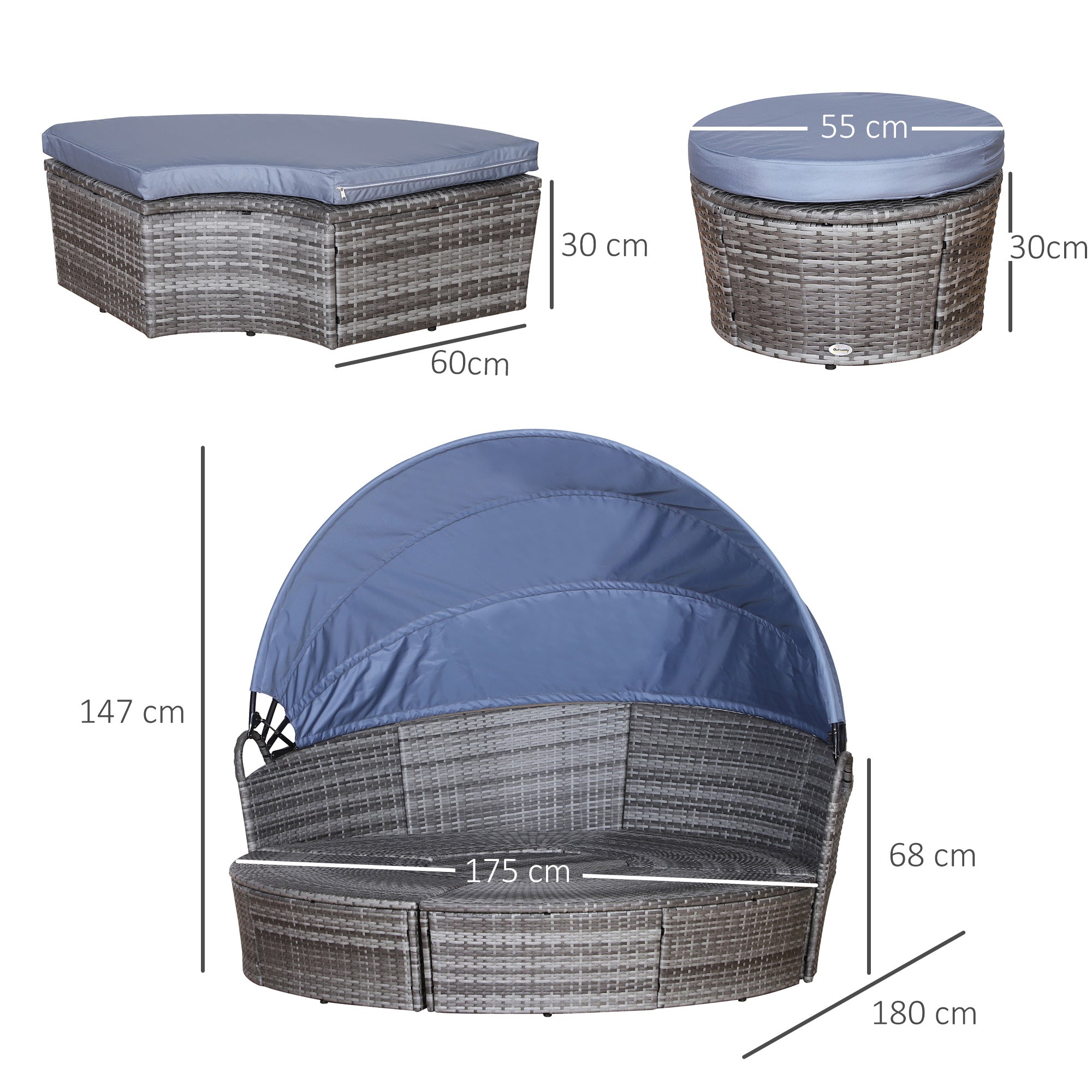 Outsunny PE Rattan Lounge Set, 5 Pieces Patio Conversation Furniture Set, Garden Round Sofa Bed with Cushion and Retractable Canopy, Grey 