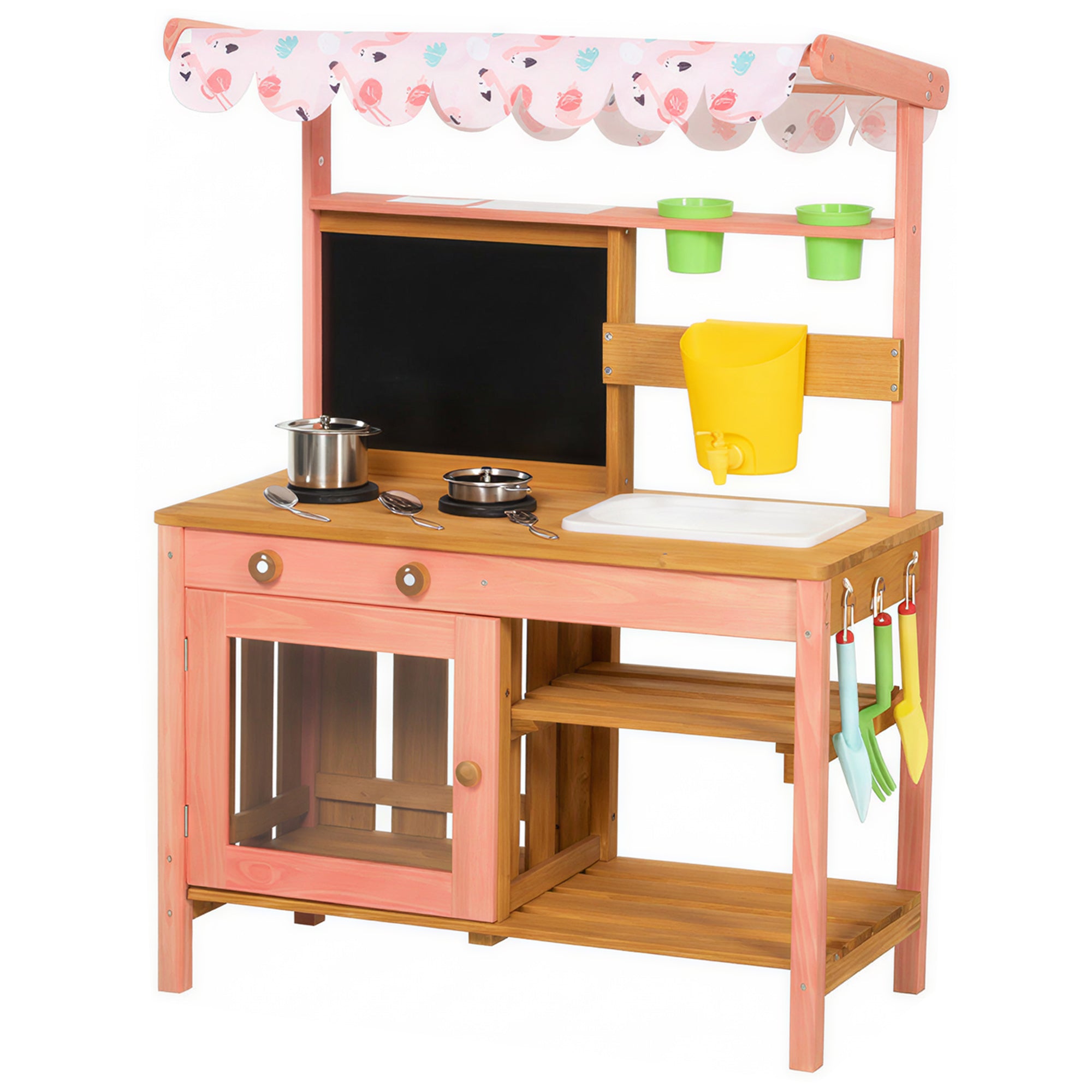 AIYAPLAY Kids Mud Kitchen with Canopy, Outdoor Wooden Play Kitchen with Planter Box, Accessories for Age 3-6, Pink 