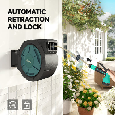 Outsunny Retractable Hose Reel Wall Mounted, 20+2m Garden Hose Pipe Reel with Lock, Auto Rewind, 7 in 1 Spray Nozzle, Includes Wall Fixings, 180° Swivel, Outdoor Watering, 54 x 20 x 39 cm, Black 