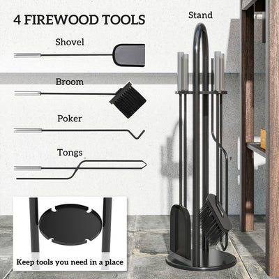 Outsunny 5 Pieces Fireplace Tools Set, Metal Fireplace Accessories Fireside Companion Set with Broom, Shovel, Poker and Bucket, Silver 