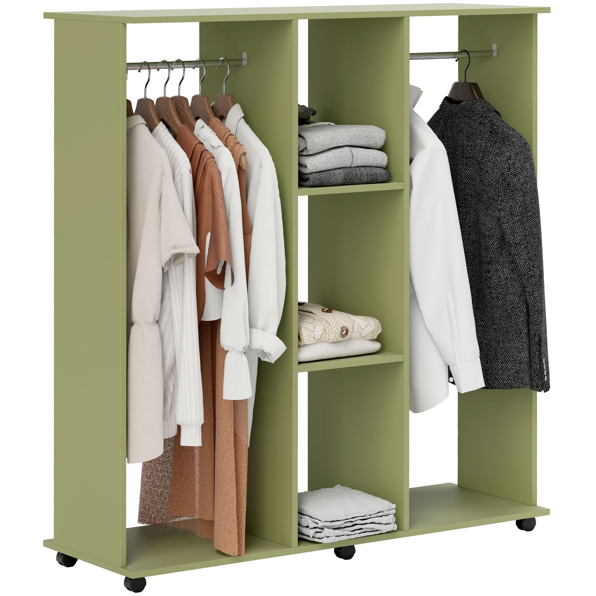 HOMCOM Open Wardrobe Double Mobile Storage Shelves Organizer W/6 Wheels-Green 