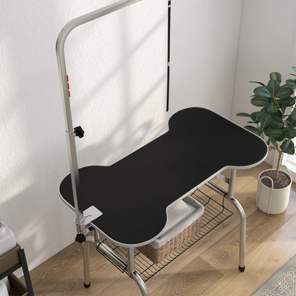 PawHut Foldable Dog Grooming Table Pet Drying Table with Adjustable Arm Non-Slip Rubber Tabletop Aluminium Alloy Edge Stainless Steel Bar Sling 94.5 x 55 x 81cm Black 