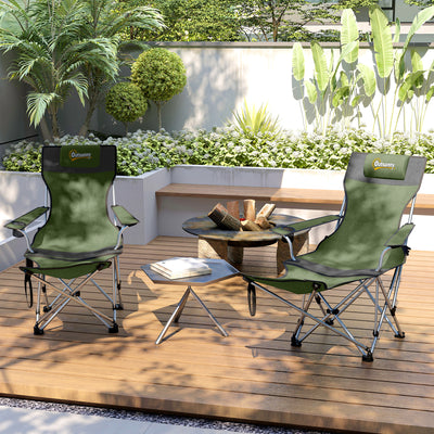 Outsunny Set of 2 Reclining Folding Camping Chair w/ Detachable Footrest, Storage Bag, Cup Holder & Headrest, Lightweight Portable Camp Chair for Beach, Picnic, Olive Green and Grey 