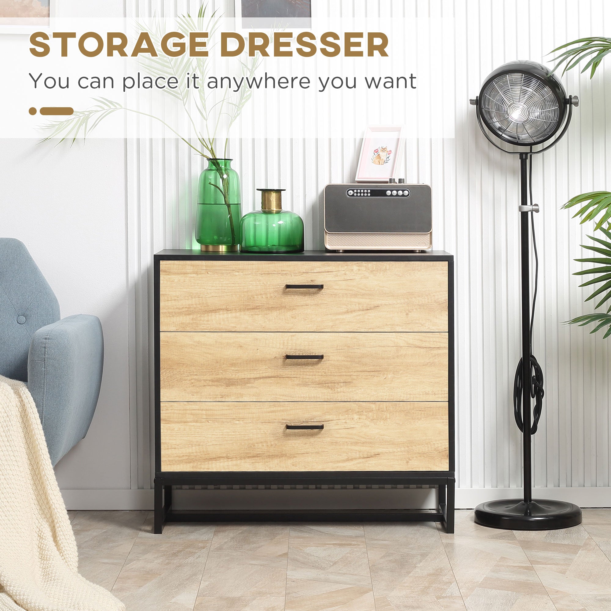 HOMCOM Drawer Chest, 3-Drawer Storage Cabinet Organiser with Steel Frame for Bedroom, Living Room, 80cmx35cmx75cm, Natural 