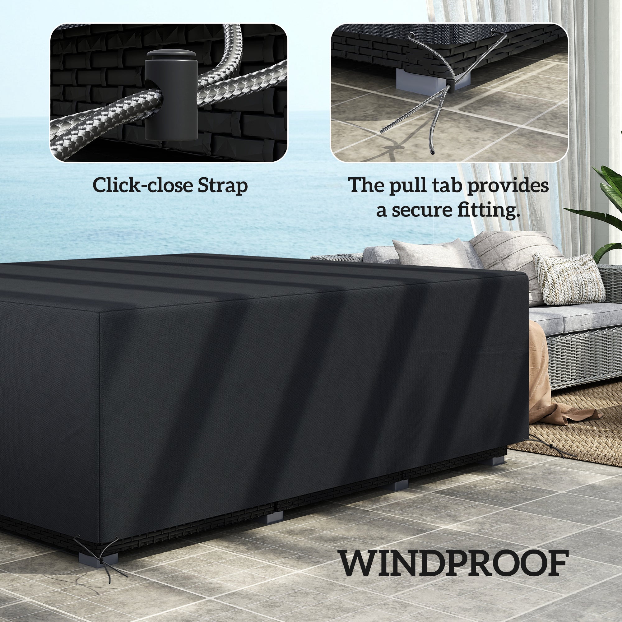 Outsunny 600D Oxford Outdoor Garden Furniture Sofa Set Cover, Waterproof Anti-UV Rattan Sun Lounger Protection Protector Cover, 225L x 210W x 70Hcm, Black 