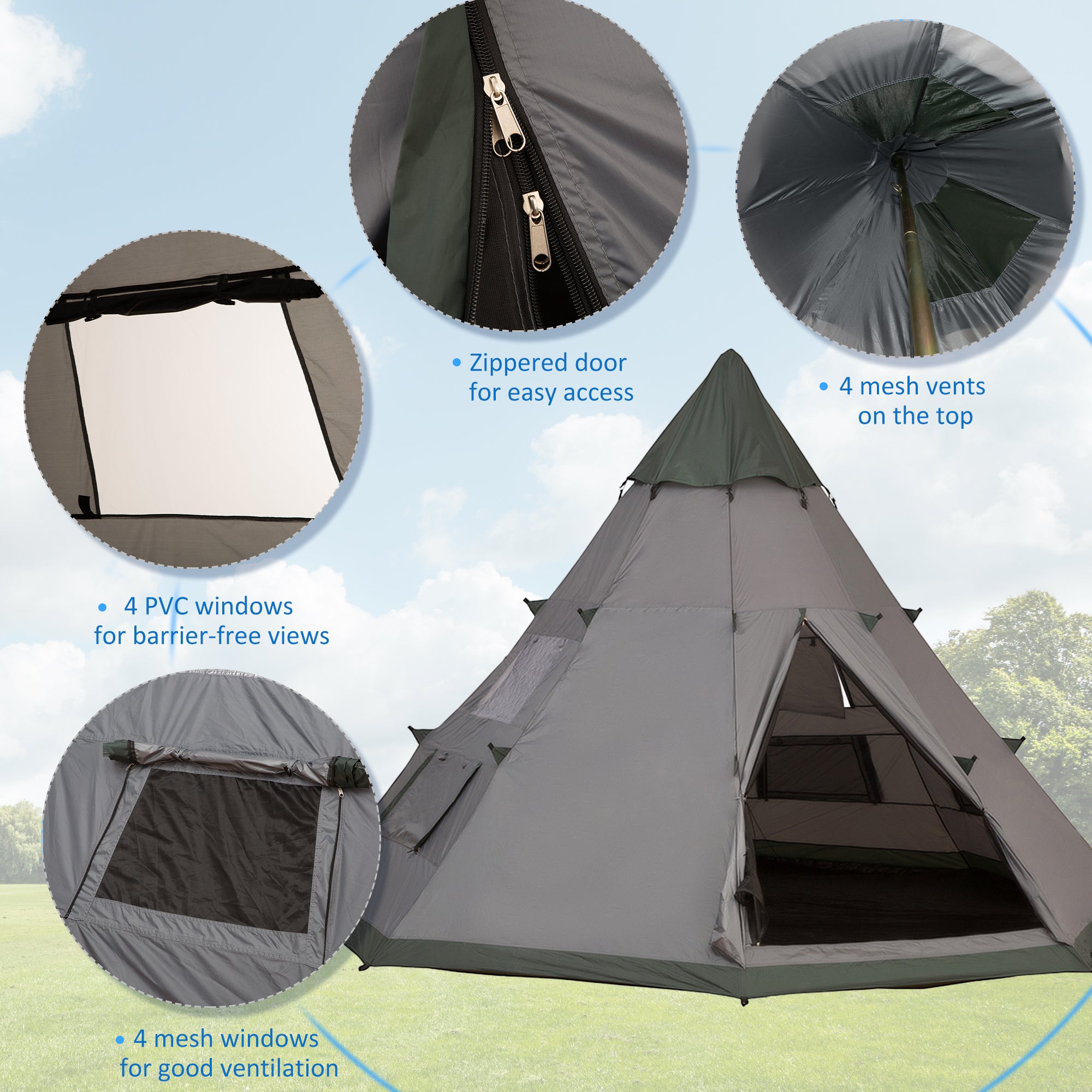 Outsunny 6 Men Tipi Tent with Carry Bag - Grey 