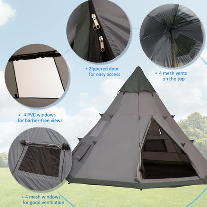 Outsunny 6 Men Tipi Tent with Carry Bag - Grey 
